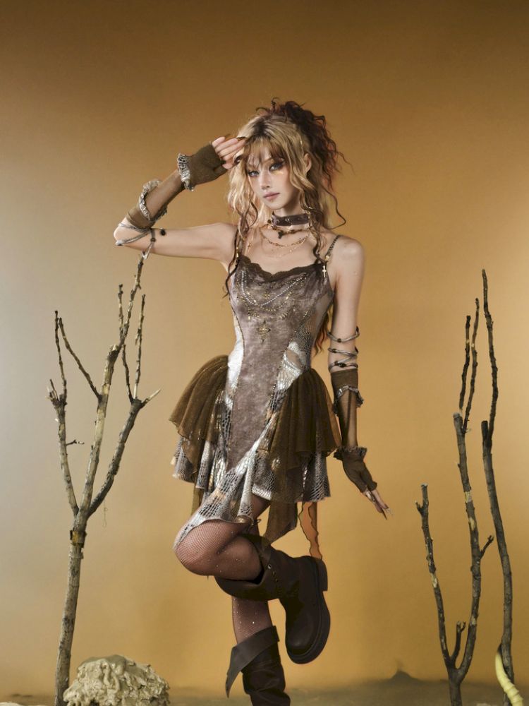 Snake pattern splicing halter dress【s0000013504】