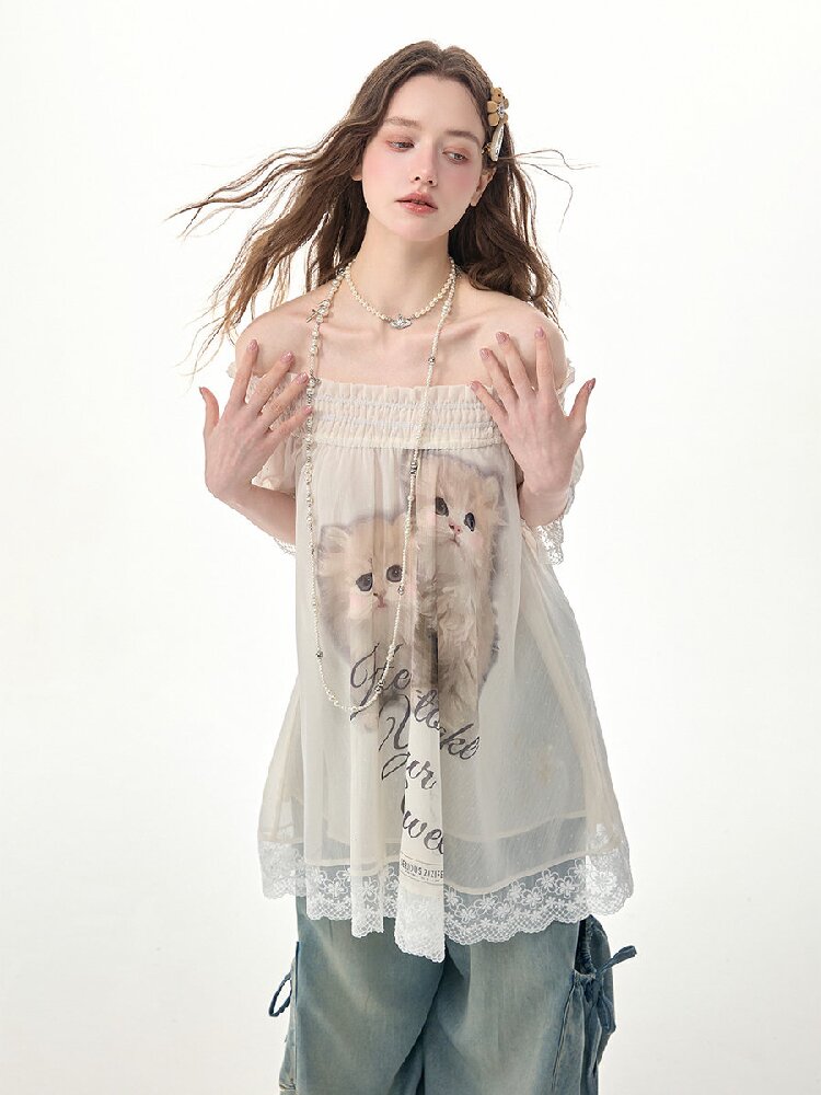 Lace Patchwork Cat Print T-Shirt【s0000017303】