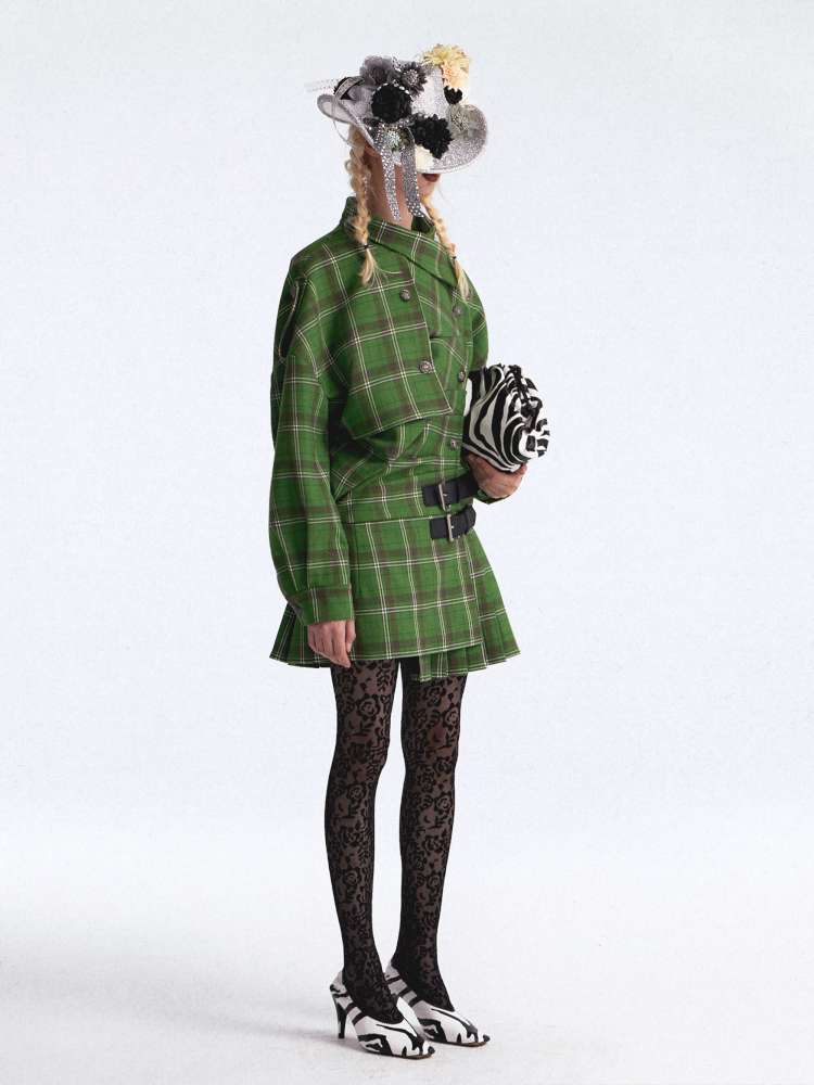 Asymmetrical Pleated Check Coat【s0000015390】