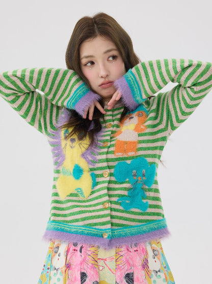 Striped Plush Cartoon Knit Cardigan【s0000016198】