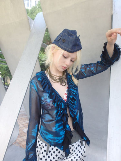 Metallic-colored broken polarized blue mesh cardigan【s0000013178】