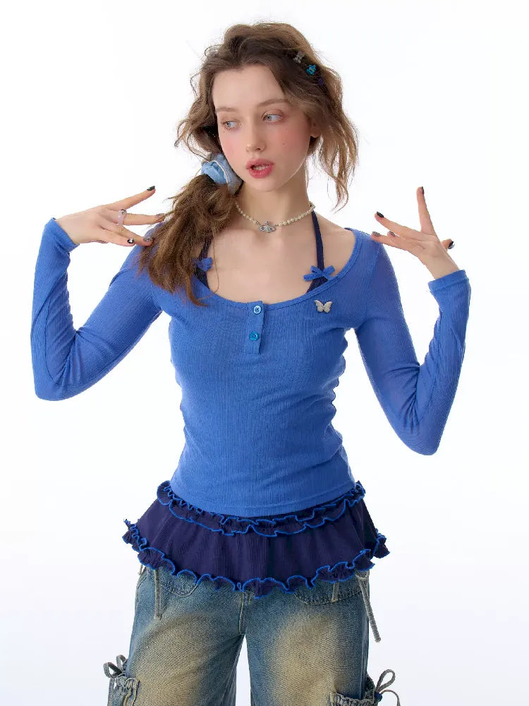 Trim jersey semi-sheer long-sleeved T-shirt 【s0000011676】