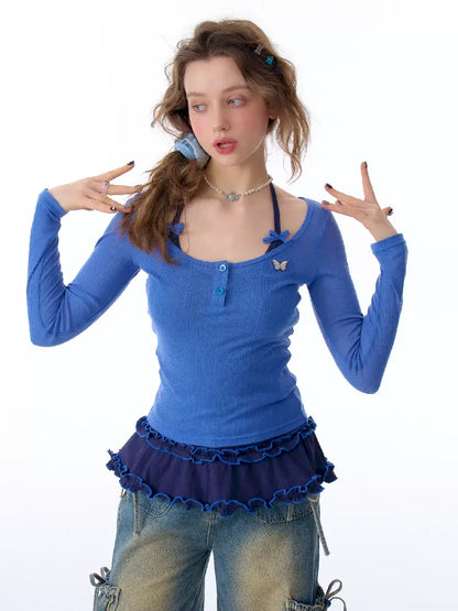 Trim jersey semi-sheer long-sleeved T-shirt 【s0000011676】