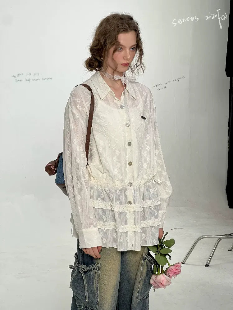 Waisted Lace Long Sleeve Blouse【s0000011680】