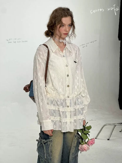 Waisted Lace Long Sleeve Blouse【s0000011680】