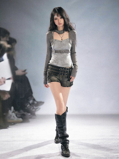 Distressed Metal Buckle Denim Shorts【s0000016285】