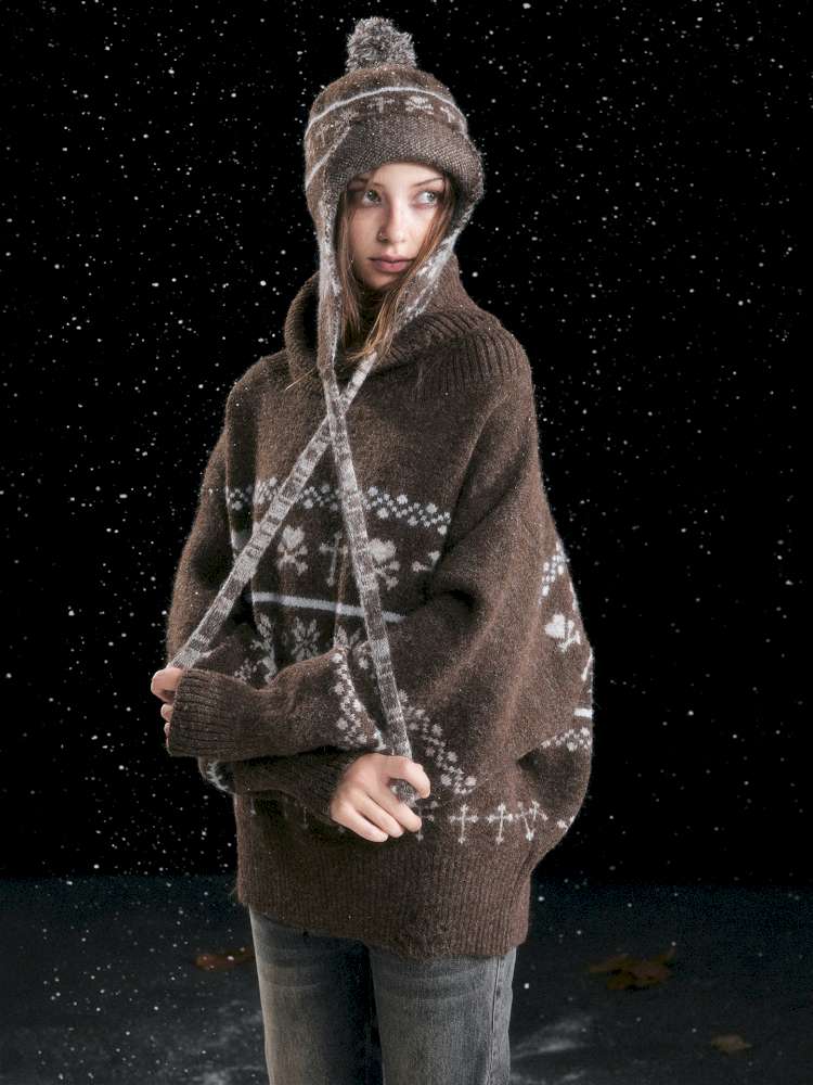 Striped Snowflake Ear Protection Beanie【s0000014672】