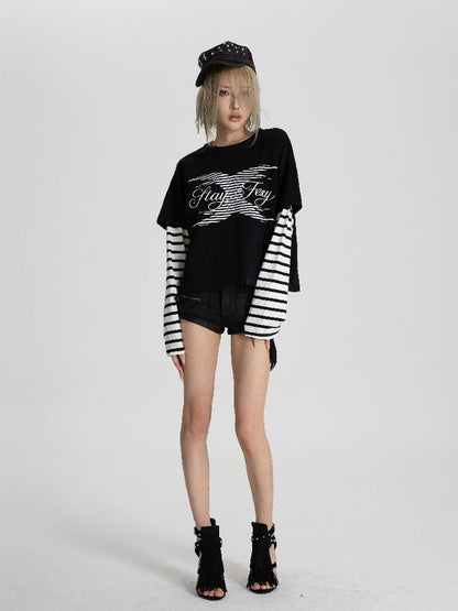 Black White Patchwork Long T-Shirt【s0000018563】