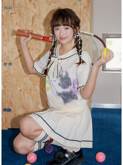 Kitten Printed Navy Neck Short Sleeve Half Dress【s0000013339】