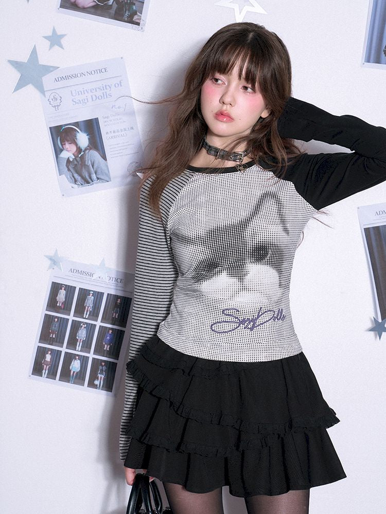 Long Sleeve Polka Dot Cat Printed T-Shirt【s0000011665】