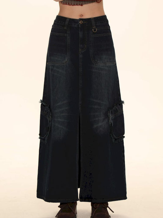 Raw Edge Tabs With Pockets Denim Work Skirt【s0000006002】