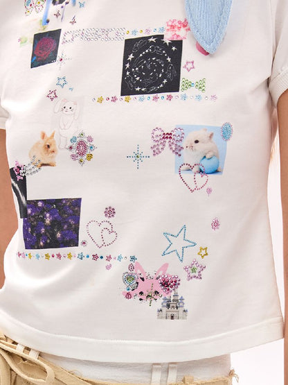 Sticker Printed Rhinestone T-Shirt【s0000011794】