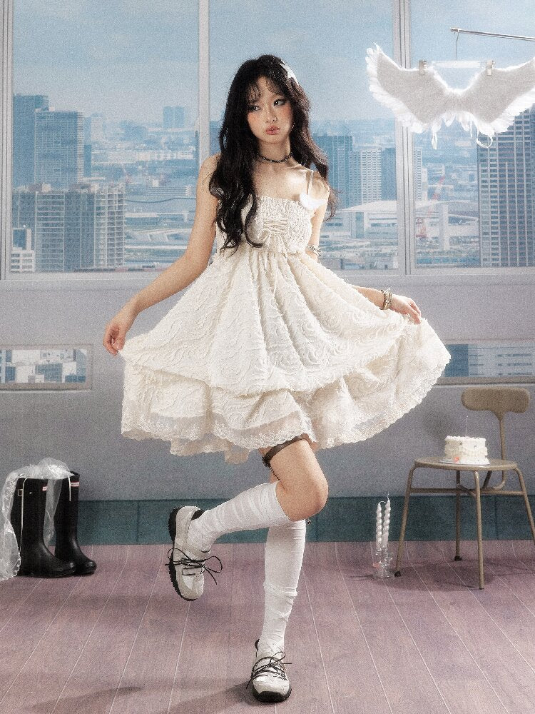 Shirred Lace White Texture Dress【s0000016278】