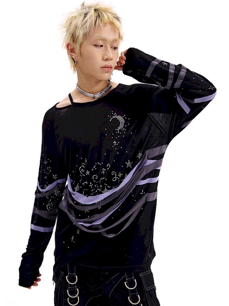 Starry Night Rhinestone Long Sleeve T-Shirt【s0000010505】