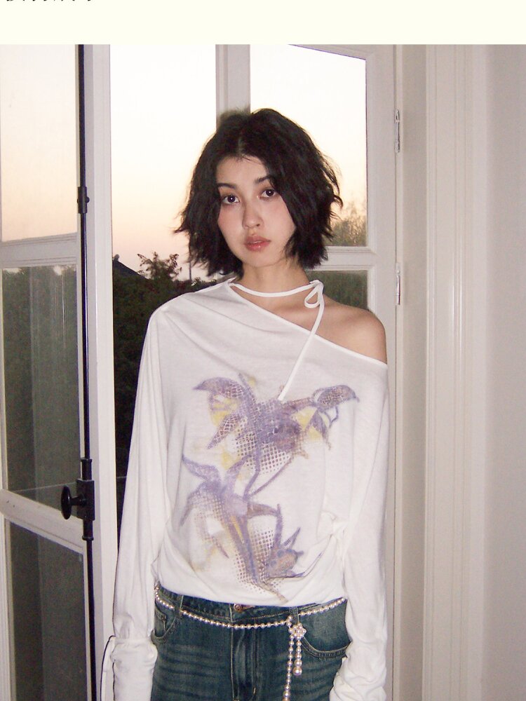 Mist Orchid Print Lace Up Top【s0000015457】