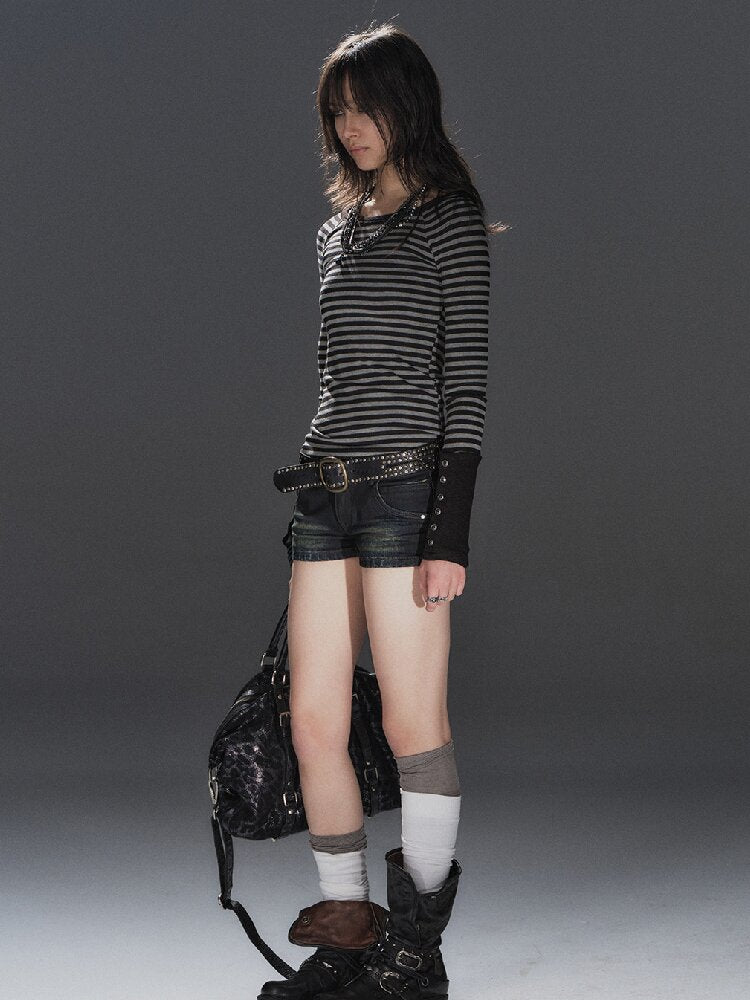 Striped Slim Punk Raglan T-Shirt【s0000016234】