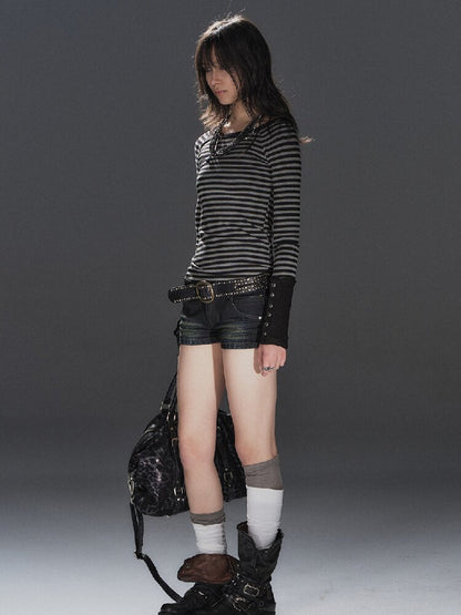Striped Slim Punk Raglan T-Shirt【s0000016234】