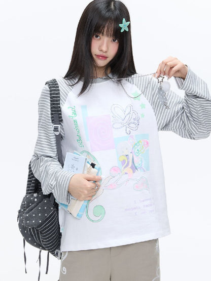 Loose Print Striped Raglan Top【s0000016378】