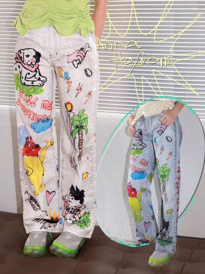 White Graffiti Denim Trousers【s0000013337】