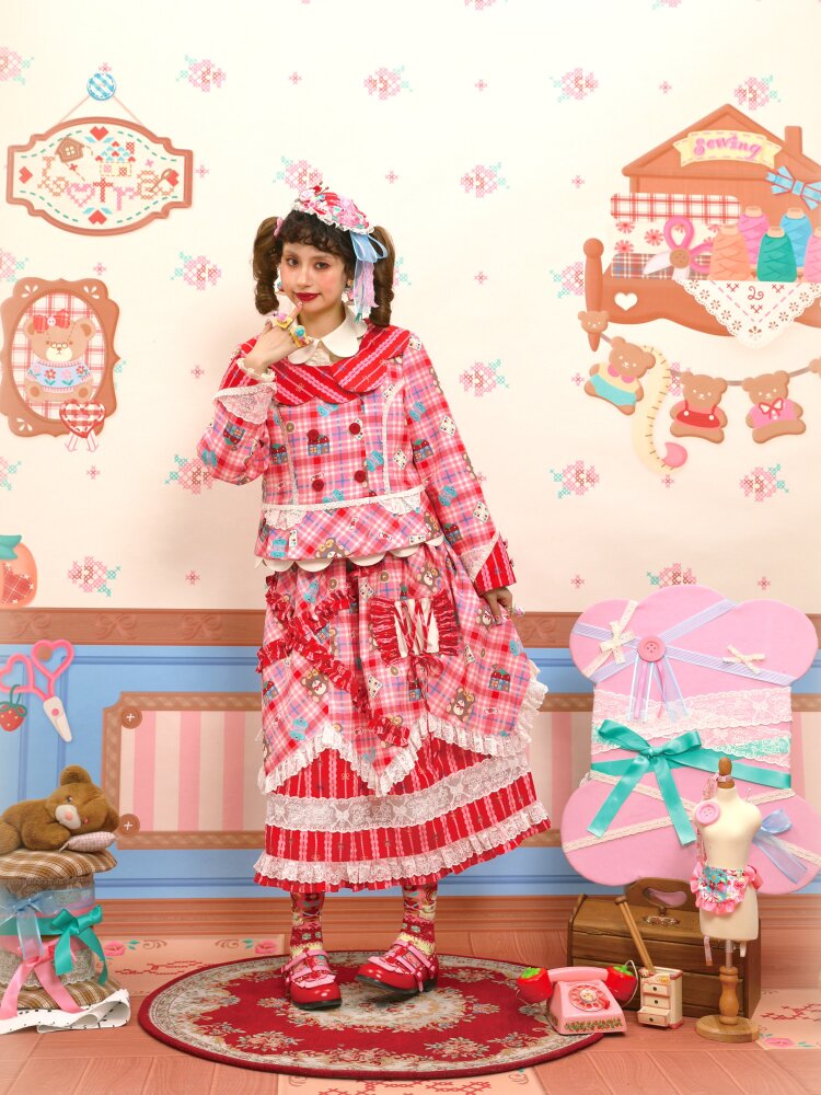 Red Pink Check Lace Skirt Blazer【s0000015574】