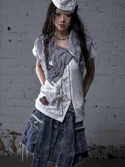 Faux two-piece distressed short-sleeved T-shirt【s0000012790】