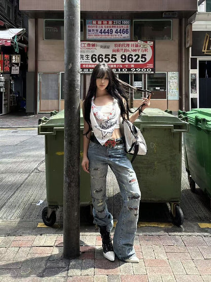 Washed Plaid Ripped Bootcut Jeans【s0000018224】