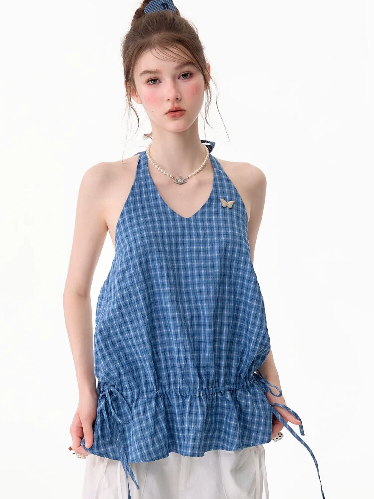 American Vintage Plaid Halter Top【s0000017751】
