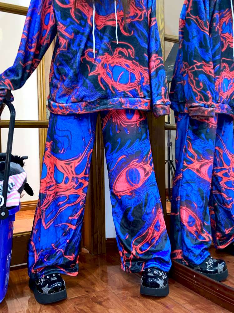 Blue Cell Plush Print Wide-Leg Pants【s0000014869】