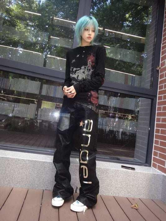 Silver Lace Patchwork Letter Print Jeans【s0000019263】