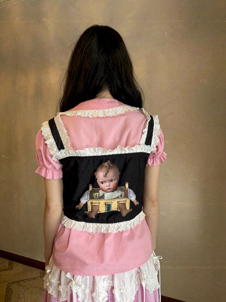 Cute doll print lace bow vest【s0000012760】