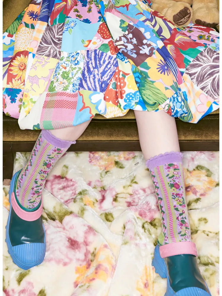 Striped Floral Mid-Calf Socks【s0000014151】