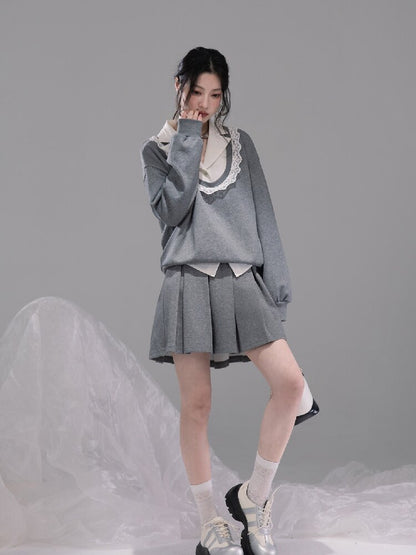 U-neck Sweatshirt Pleated Skirt Set【s0000015742】