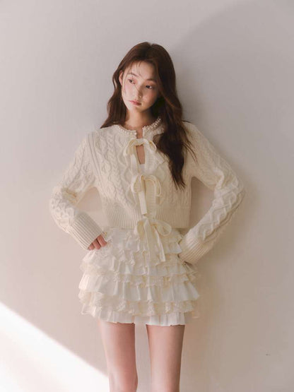 Crochet-Tied Bow Short Knit Cardigan【s0000014611】