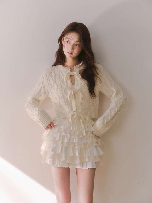 Crochet-Tied Bow Short Knit Cardigan【s0000014611】