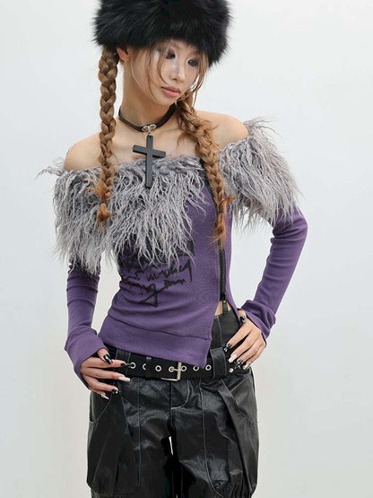 Hairy One-Shoulder Slim Print Knit T-Shirt【s0000014828】