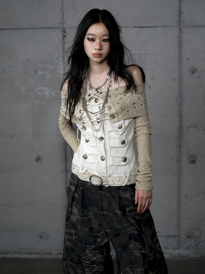 Rhinestone Off-Shoulder Long-Sleeve T-Shirt【s0000014118】