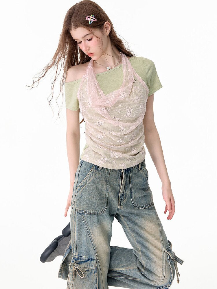 Fake Two-Piece Patchwork Lace Short T【s0000017682】