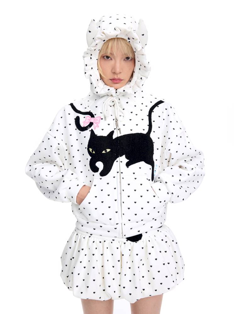 Black Cat Embroidered Cat Ear Hoodie Jacket【s0000014422】
