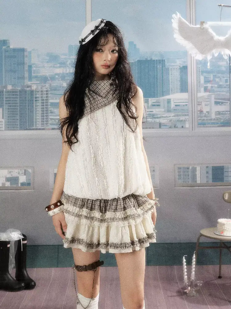 Plaid Ruffled Lace Short Sleeve Top【s0000016537】