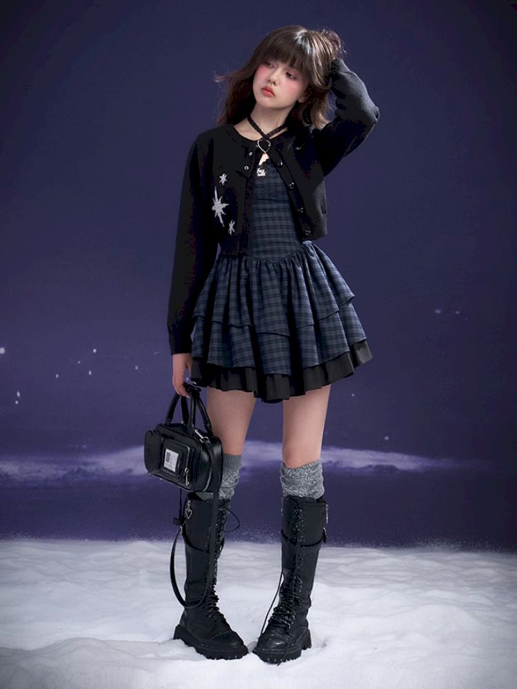 Check Neck Cake Dress【s0000011659】