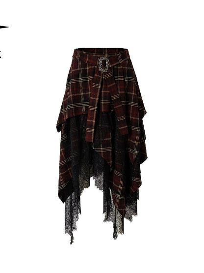 Damaged Plaid Lace Irregular Skirt【s0000016263】