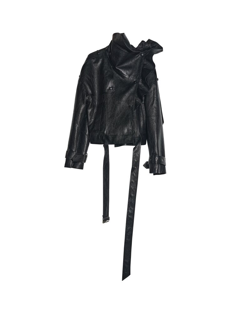 Ruffle Stand Collar PU Leather Jacket【s0000015696】