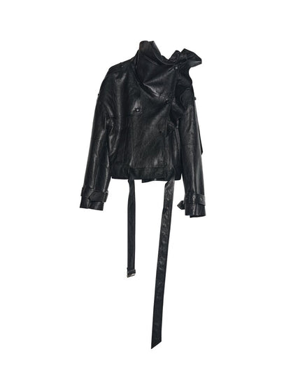 Ruffle Stand Collar PU Leather Jacket【s0000015696】