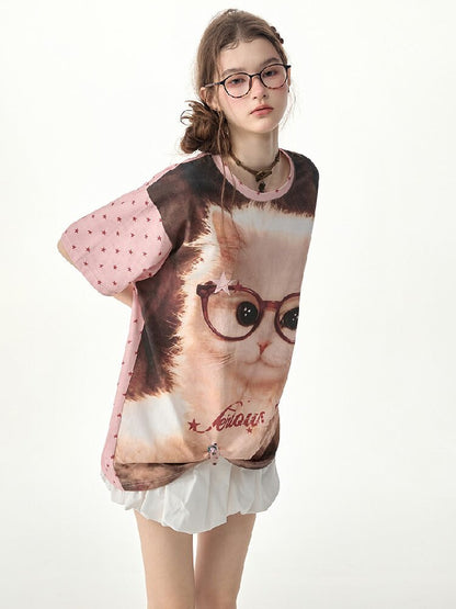 Retro Cat Star Cat Print T Shirt【s0000017266】