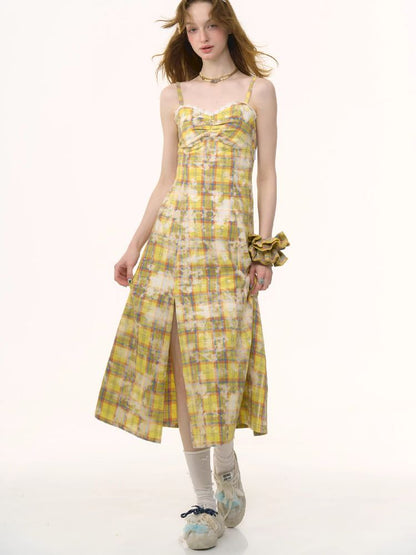 Grid Tie-Dye Split Sling Dress【s0000012258】
