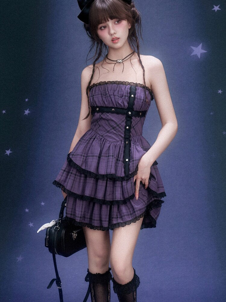Purple Plaid Bandeau Cake Dress【s0000015757】