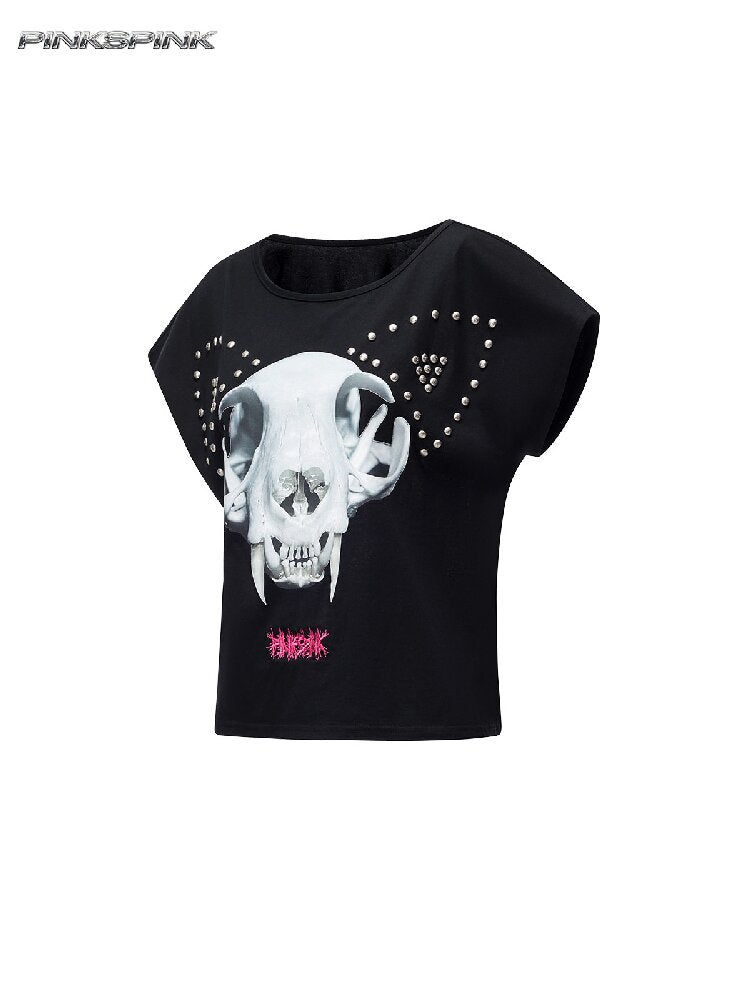Cat Bone Print Riveted T-Shirt【s0000017714】