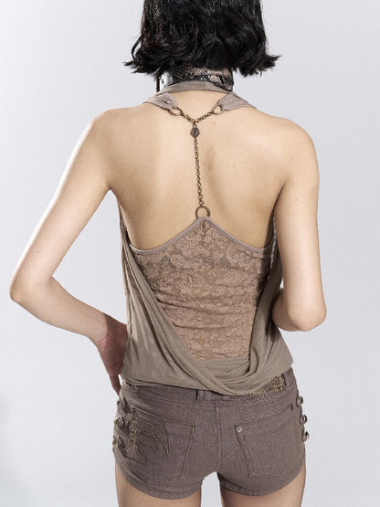 Mesh Silver Foil Printed Halter Top【s0000018485】