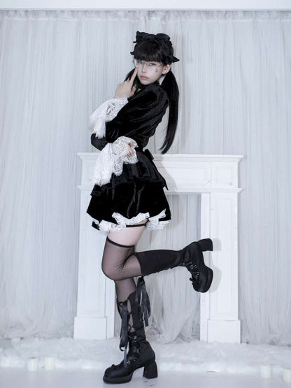 Bow Black Velvet Paneled Lace Dress【s0000014680】