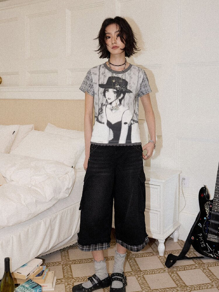Spliced Plaid Diamond Wide Jeans【s0000016659】